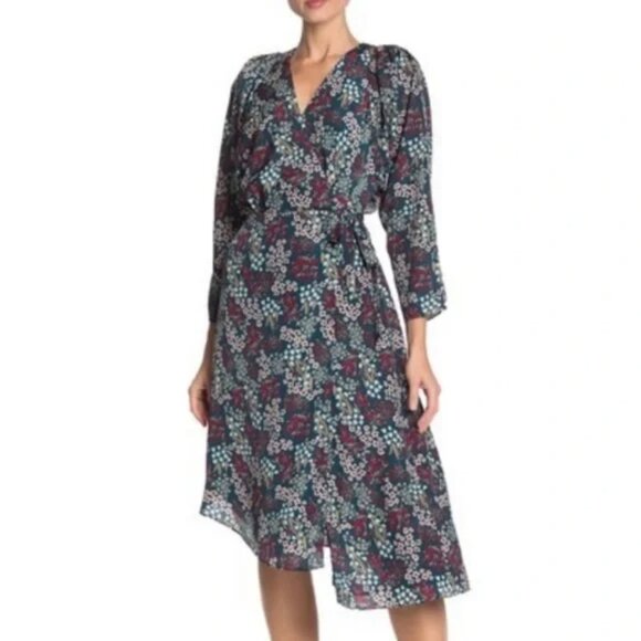 Joie Acantha NWT Green Floral Midi Wrap Dress with Asymmetrical Hem - Picture 1 of 8